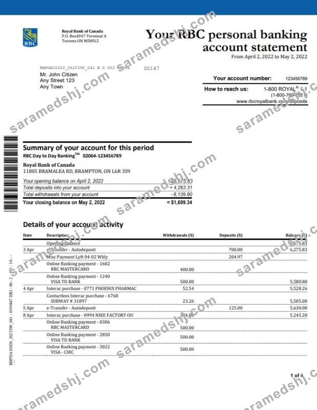 Canada Royal Bank of Canada (RBC) bank statement, Word and PDF template, 4 pages, version 2